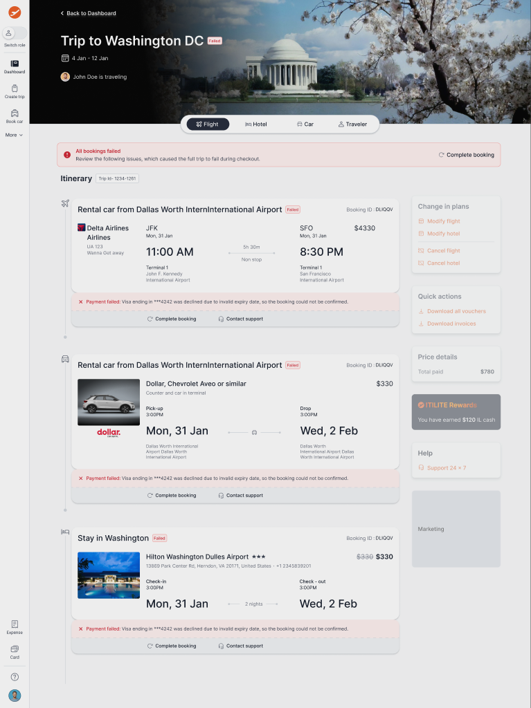 Trip L2 dashboard with failed legs flagged for retry
